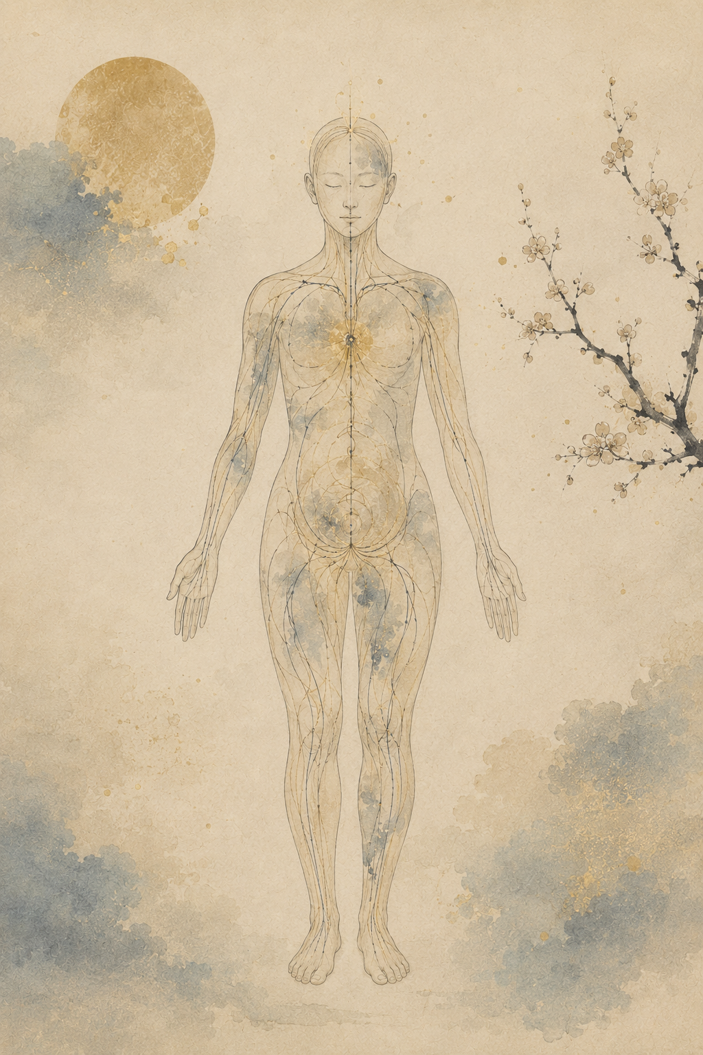 Heritage ink-art illustration of the whole body, with screening zones
