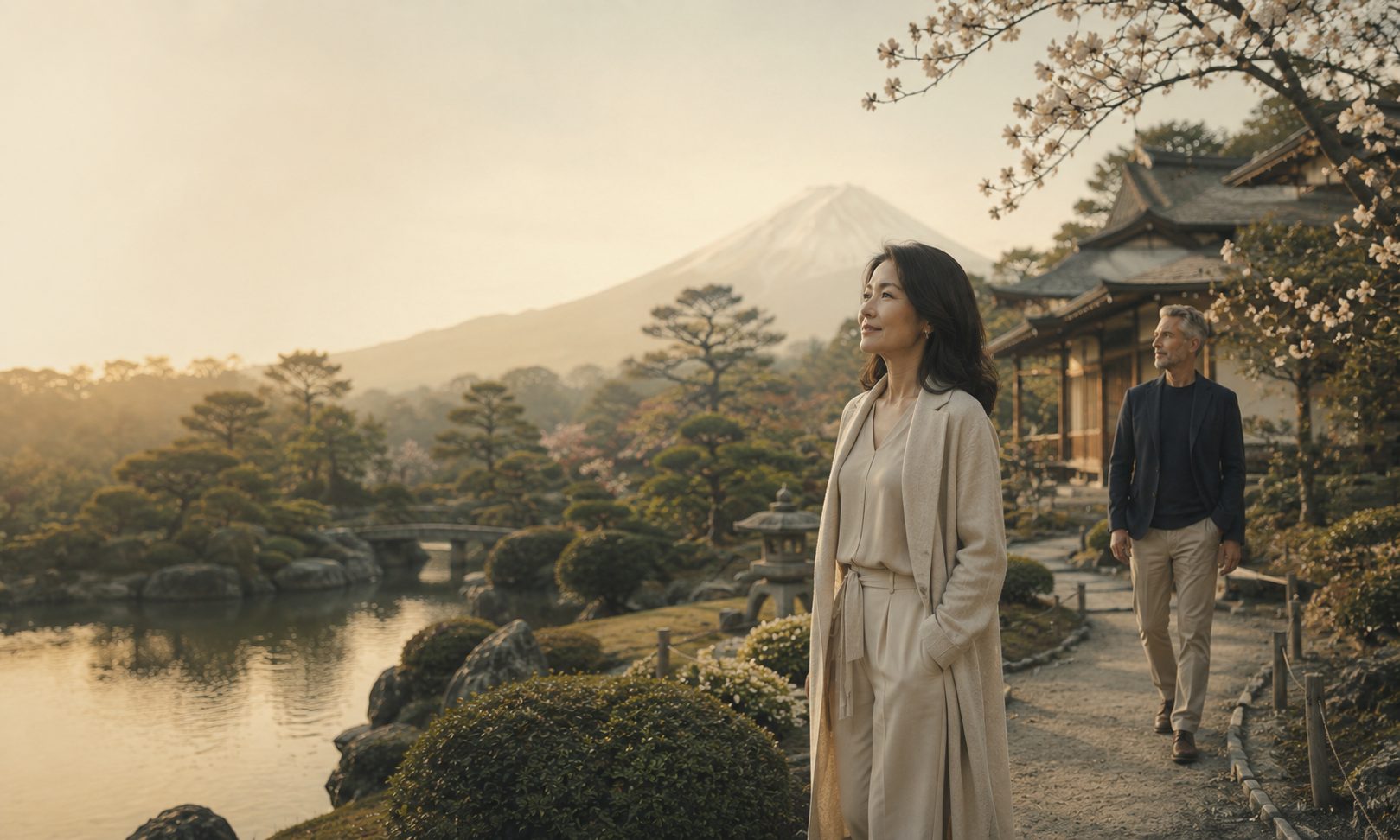 A couple at ease in a Japanese garden at golden hour